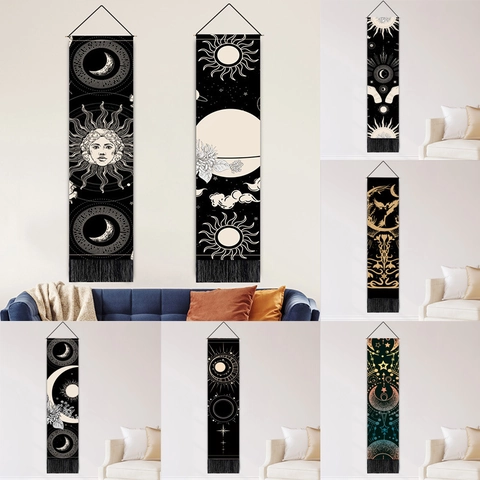 Arazzo Da Parete Mandala Tarot Boemo Lungo Verticale Design Sole Luna Stella Con Nappine Cotone Lino