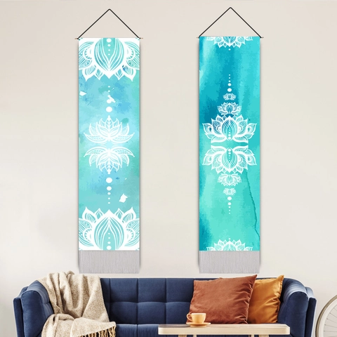 Bohemian Mandala Lotus Wandtapijt Verticaal Aquarel Katoen Polyester Met Houten Roede Kwastjes