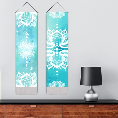Bohemian Mandala Lotus Wandtapijt Verticaal Aquarel Katoen Polyester Met Houten Roede Kwastjes
