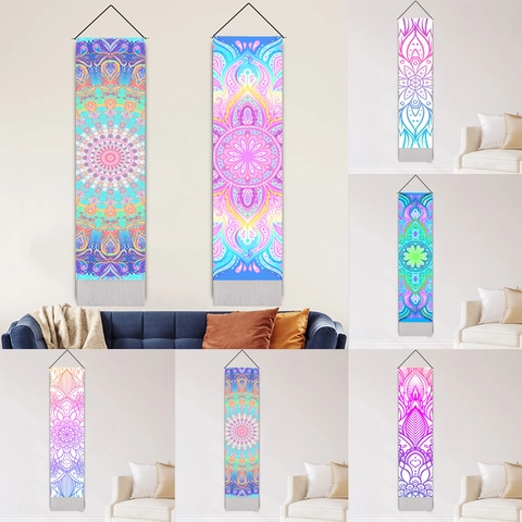 Mandala Tapestry Wall Hanging Bohemian Cotton Linen With Wood Pole And Tassel Vertical Home Decor