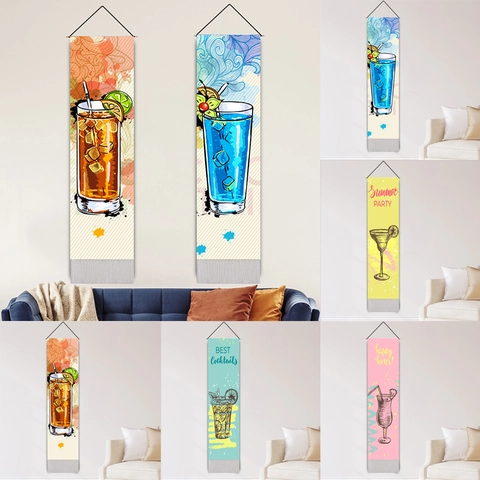Vertical Hanging Tapestry Wall Scroll Polyester Cotton Cocktail Drinks Illustration With Wooden Rod And Tassels For Home Decor