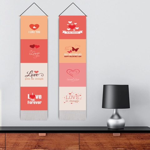 Arazzo Da Parete Di San Valentino In Cotone E Lino Lungo Banner Asta In Legno Nappa Motivo Cuore Amore Decorazioni Per La Casa