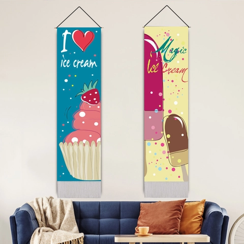 Vertical Wall Hanging Tapestry Polyester Cotton Cartoon Ice Cream Dessert Decor With Wood Rod And Tassel Home Art