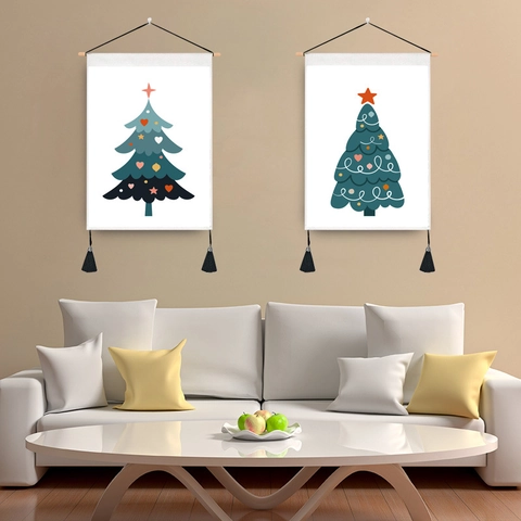 Christmas Tree Wall Hanging Tapestry Cotton Polyester Decorative Scroll With Wood Pole And Tassels Nordic Style Hand Drawn
