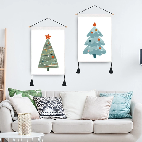 Christmas Tree Wall Hanging Tapestry Cotton Polyester Decorative Scroll With Wood Pole And Tassels Nordic Style Hand Drawn