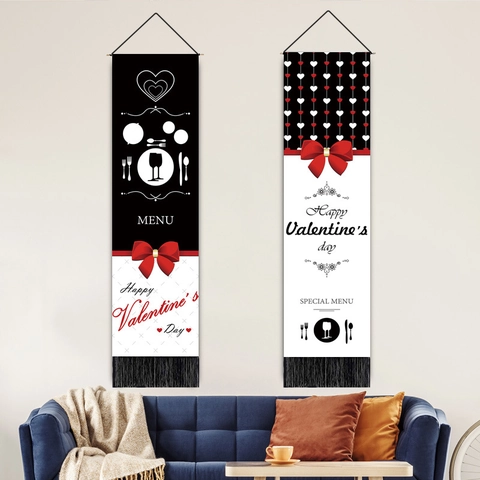 Valentine Day Hanging Scroll Tapestry Polyester Cotton Wall Decor With Tassels Romantic Heart Pattern Menu Banner