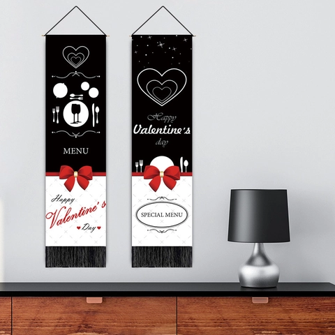 Valentine Day Hanging Scroll Tapestry Polyester Cotton Wall Decor With Tassels Romantic Heart Pattern Menu Banner