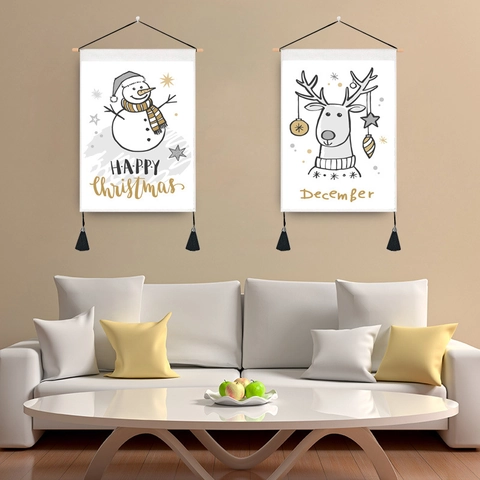 Christmas Wall Tapestry Hanging Scroll With Wood Pole Tassels Winter Snowman Reindeer Print Cloth Poster Home Decoration