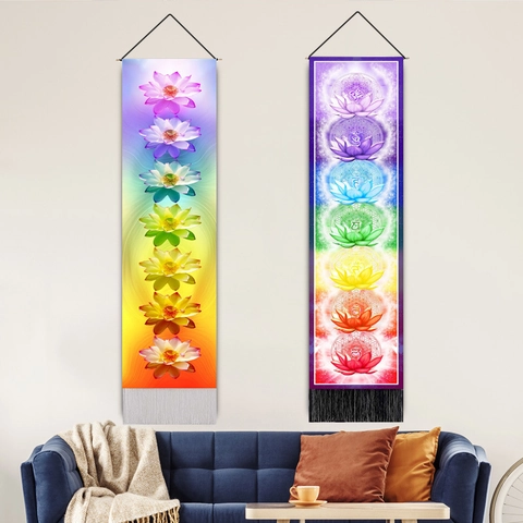 Vertical Wall Tapestry Bohemian Chakra Snake Flower Print Fabric Hanging Scroll With Tassels For Meditation Room Decor