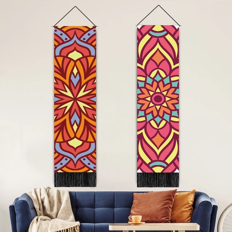 Bohemian Mandala Wall Tapestry With Tassels Geometric Floral Hanging Cloth Home Decorative Tapestry With Wood Pole And Rope