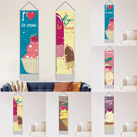 Vertical Wall Hanging Tapestry Polyester Cotton Cartoon Ice Cream Dessert Decor With Wood Rod And Tassel Home Art
