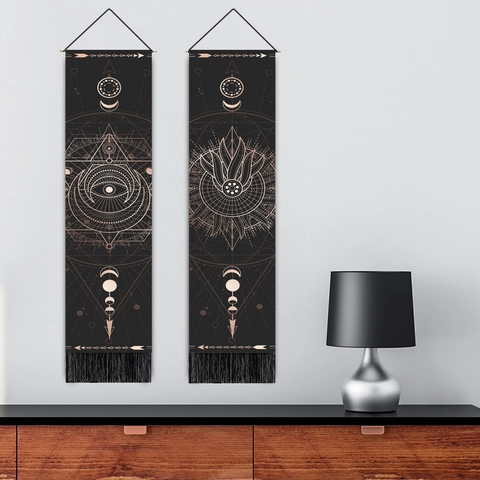Tarot Wall Tapestry Polyester Cotton Linen Hanging Art Bohemian Mystical Moon Phase With Wood Pole Tassels Decor