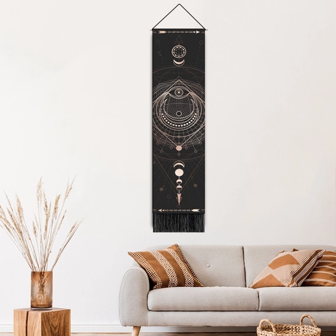Tarot Wall Tapestry Polyester Cotton Linen Hanging Art Bohemian Mystical Moon Phase With Wood Pole Tassels Decor