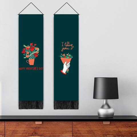 Valentine's Day Wall Tapestry Polyester Cotton Hanging Banner With Tassel Wooden Rod Romantic Home Decor For Bedroom