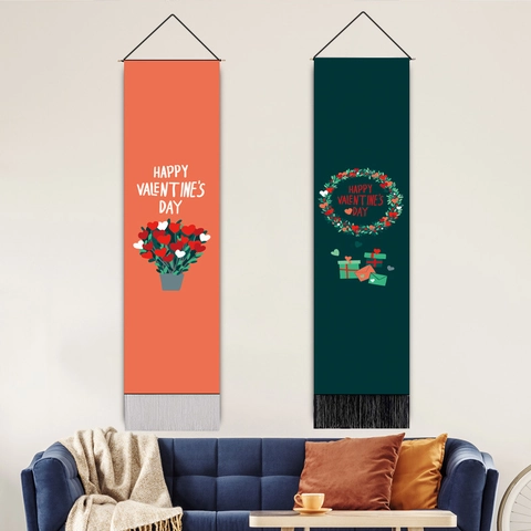Valentine's Day Wall Tapestry Polyester Cotton Hanging Banner With Tassel Wooden Rod Romantic Home Decor For Bedroom