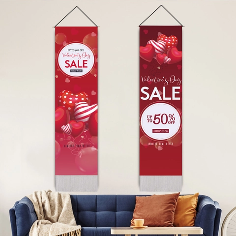 Valentine Day Wall Hanging Tapestry Polyester Cotton Fabric Banner Vertical Heart Pattern Tassels Wooden Rod Romantic Home Decor