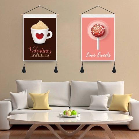 Valentine's Day Heart Chocolate Sweets Wall Hanging Tapestry With Tassel Wood Pole Polyester Cotton Fabric Decoration