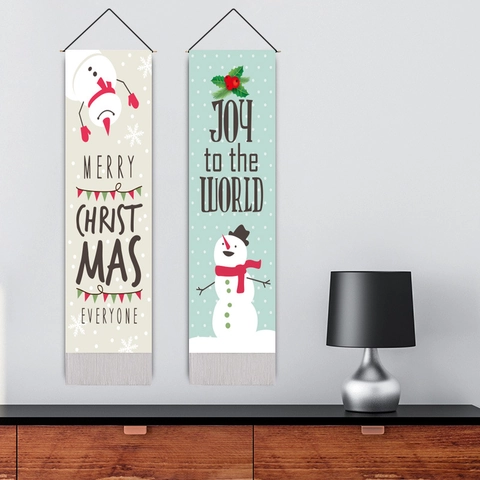 Christmas Wall Hanging Tapestry Cotton Linen Snowman Pattern Vertical Long Banner With Tassels Wooden Rod For Home Decor