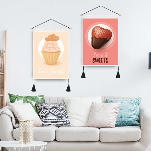 Valentine's Day Heart Chocolate Sweets Wall Hanging Tapestry With Tassel Wood Pole Polyester Cotton Fabric Decoration