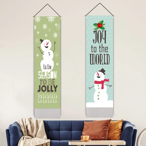 Christmas Wall Hanging Tapestry Cotton Linen Snowman Pattern Vertical Long Banner With Tassels Wooden Rod For Home Decor