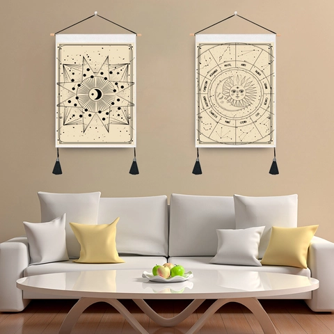 Nordic Bohemian Sun Moon Astrology Tapestry Wall Hanging With Wooden Rod Tassel Celestial Zodiac Art For Bedroom Home Decor