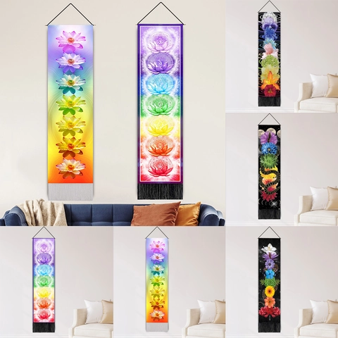 Vertical Wall Tapestry Bohemian Chakra Snake Flower Print Fabric Hanging Scroll With Tassels For Meditation Room Decor