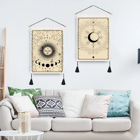 Nordic Bohemian Sun Moon Astrology Tapestry Wall Hanging With Wooden Rod Tassel Celestial Zodiac Art For Bedroom Home Decor