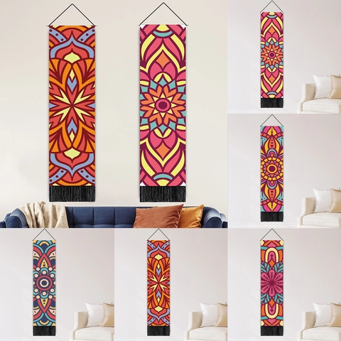 Bohemian Mandala Wall Tapestry With Tassels Geometric Floral Hanging Cloth Home Decorative Tapestry With Wood Pole And Rope