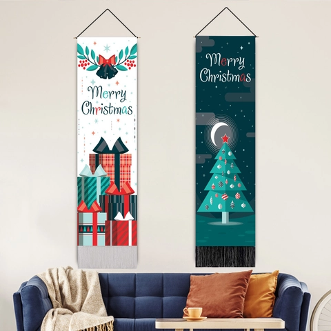 Christmas Hanging Banner Fabric Tapestry With Wooden Pole And Tassels Vertical Wall Decor Festive Holiday Home Ornament