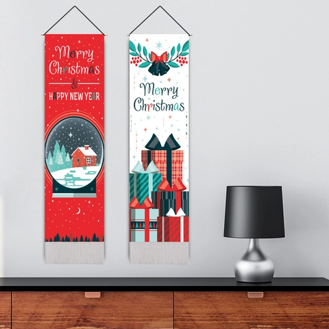 Christmas Hanging Banner Fabric Tapestry With Wooden Pole And Tassels Vertical Wall Decor Festive Holiday Home Ornament