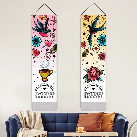 Vintage Old School Tattoo Wandteppich Wandbehang Polyester Baumwolle Stoff Poster Mit Holzstab Und Quasten Für Wohnzimmer Dekor