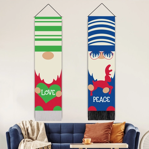 Christmas Gnome Wall Tapestry Vertical Hanging Banner Polyester Cotton With Tassels Wooden Pole Nordic Holiday Home Decor