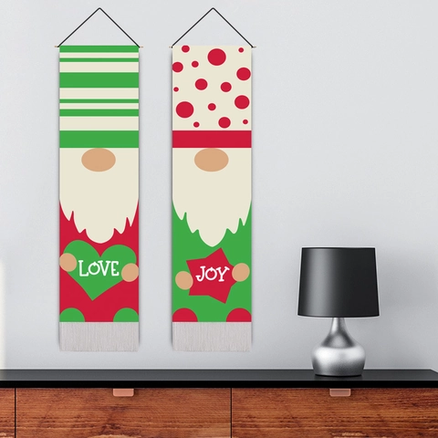Christmas Gnome Wall Tapestry Vertical Hanging Banner Polyester Cotton With Tassels Wooden Pole Nordic Holiday Home Decor