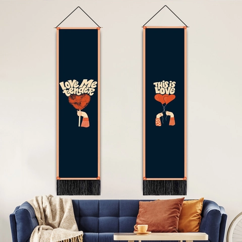 Valentine's Day Heart Tapestry Deep Blue Polyester Cotton Wall Art With Wood Rod And Tassel Home Bedroom Decor Hanging Painting