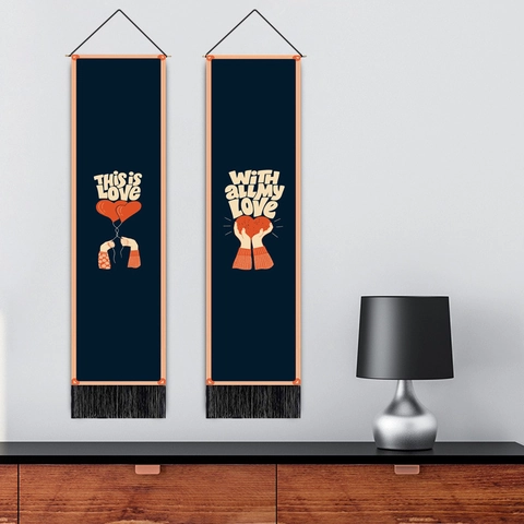 Valentine's Day Heart Tapestry Deep Blue Polyester Cotton Wall Art With Wood Rod And Tassel Home Bedroom Decor Hanging Painting