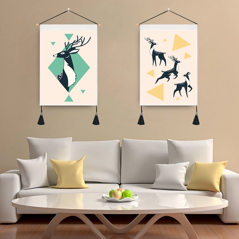 Noordse Minimalistische Eland Tapijt Met Houten Stok En Kwastjes Polyester Katoen Geometrisch Patroon Wanddecoratie