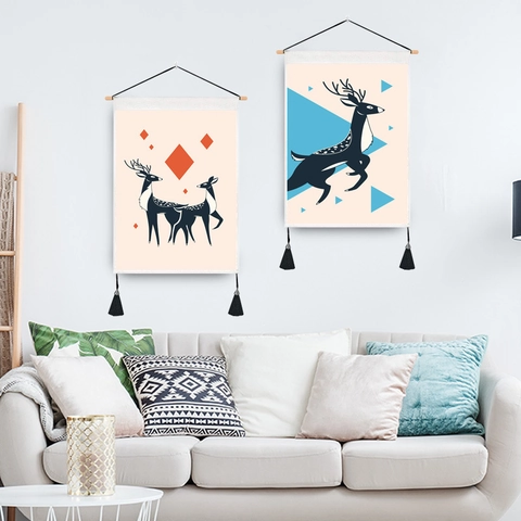Noordse Minimalistische Eland Tapijt Met Houten Stok En Kwastjes Polyester Katoen Geometrisch Patroon Wanddecoratie
