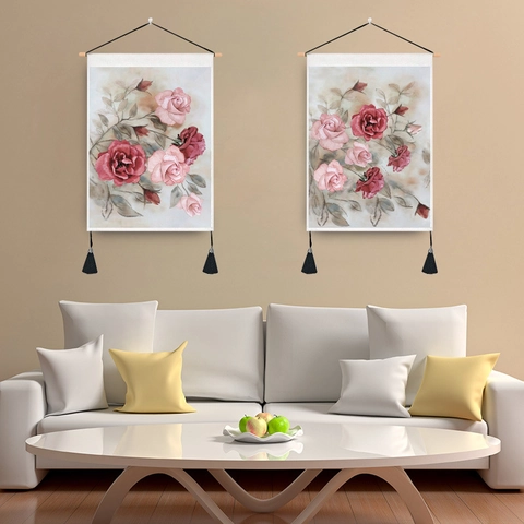 Vintage Rose Floral Wall Tapestry With Wooden Pole And Tassels Polyester Cotton Decorative Hanging Art For Home Living Room