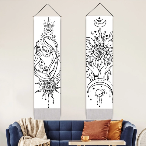 Bohemian Wall Tapestry Hanging Scroll Sun Moon Star Black And White Polyester Cotton With Wooden Rod And Tassel