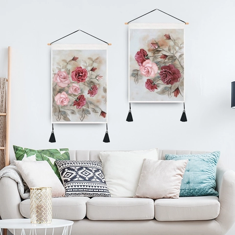 Vintage Rose Floral Wall Tapestry With Wooden Pole And Tassels Polyester Cotton Decorative Hanging Art For Home Living Room