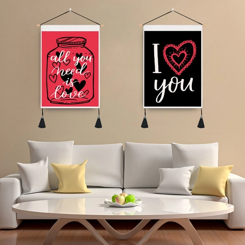 Valentine's Day Wall Tapestry Hanging Painting Polyester Cotton Canvas With Wood Stick And Tassels Heart Love Pattern Nordic Style Home Decor