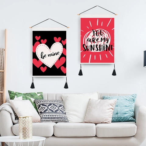 Valentine's Day Wall Tapestry Hanging Painting Polyester Cotton Canvas With Wood Stick And Tassels Heart Love Pattern Nordic Style Home Decor