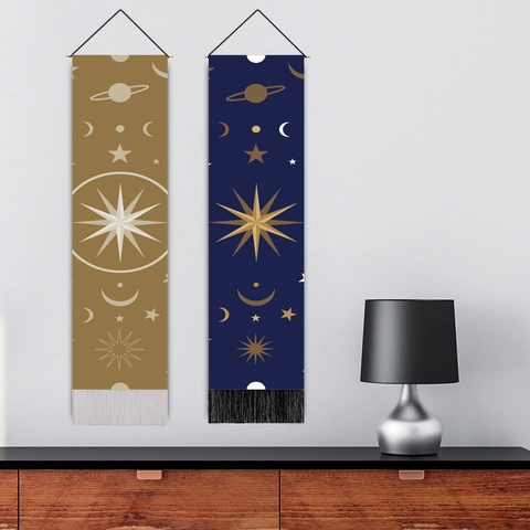 Celestial Moon Star Wall Hanging Tapestry Vertical Cotton Linen With Tassels Wood Pole Home Decor Bohemian Style
