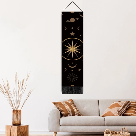 Celestial Moon Star Wall Hanging Tapestry Vertical Cotton Linen With Tassels Wood Pole Home Decor Bohemian Style