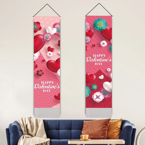 Arazzo Di San Valentino Banner Verticale Stampa Cuore Fiore Con Asta In Legno Nappe Decorazione Per La Casa