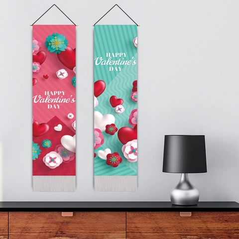 Arazzo Di San Valentino Banner Verticale Stampa Cuore Fiore Con Asta In Legno Nappe Decorazione Per La Casa