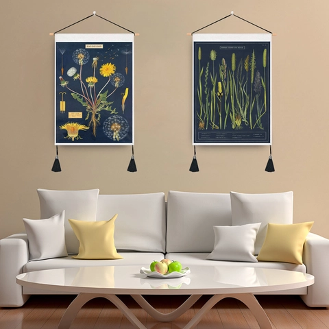 Vintage Botanical Illustration Scroll Tapestry Poly-Cotton Fabric Wall Hanging With Wood Rod And Tassels Retro Art Decor