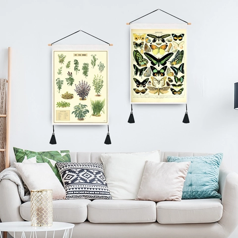 Vintage Botanical Illustration Scroll Tapestry Poly-Cotton Fabric Wall Hanging With Wood Rod And Tassels Retro Art Decor