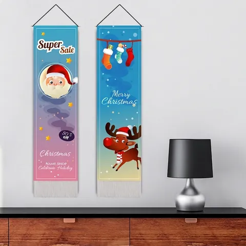 Arazzo Verticale Di Natale Da Appendere Babbo Natale Renna Banner Cartoon Arte Da Parete Con Nappa Per Arredamento