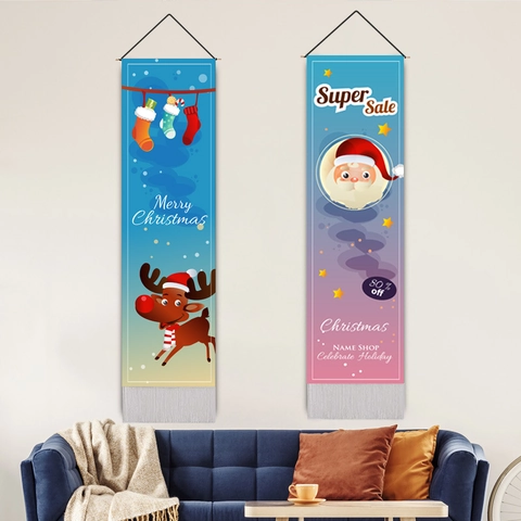 Arazzo Verticale Di Natale Da Appendere Babbo Natale Renna Banner Cartoon Arte Da Parete Con Nappa Per Arredamento